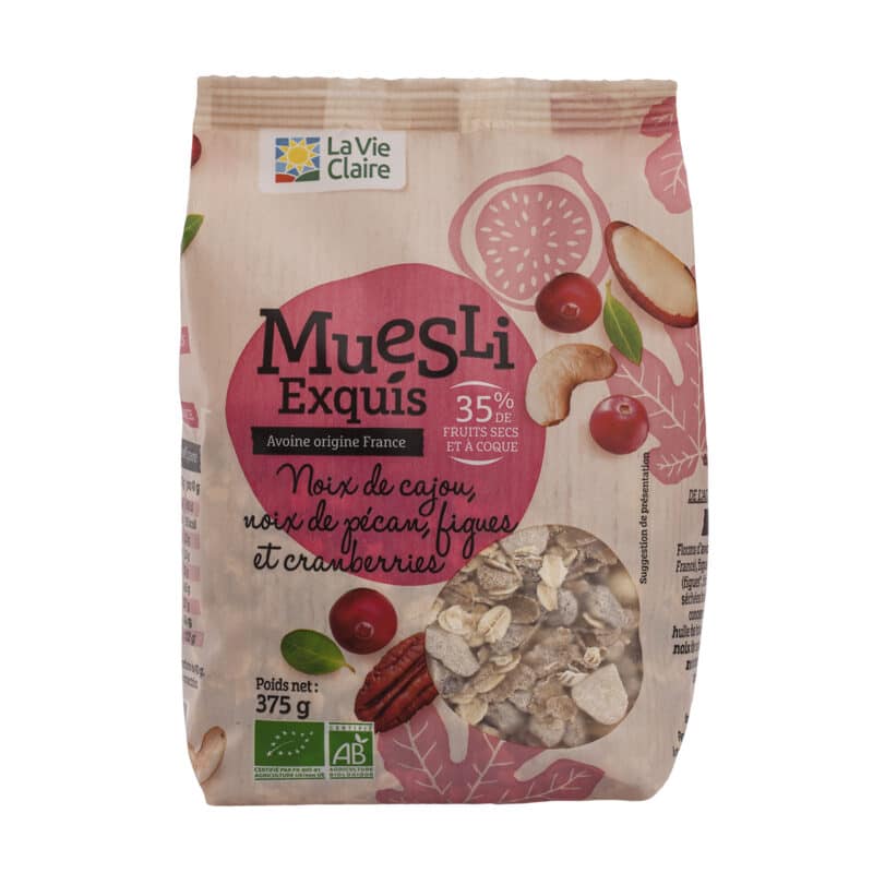 Muesli aux craneberries, noix de cajou, noix de pecan et figues bio