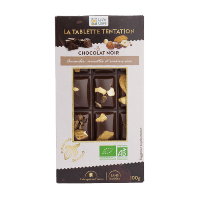 Chocolat noir incrusté d'amandes, de noisettes entières et de raisins secs bio