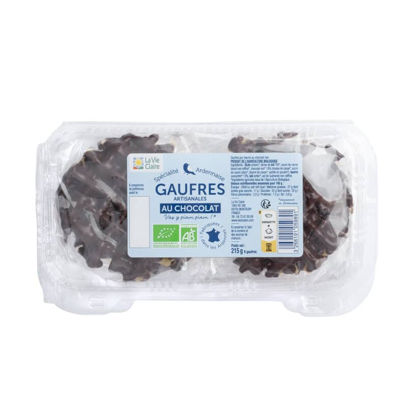 Gauffres artisanales nappées de chocolat noir bio