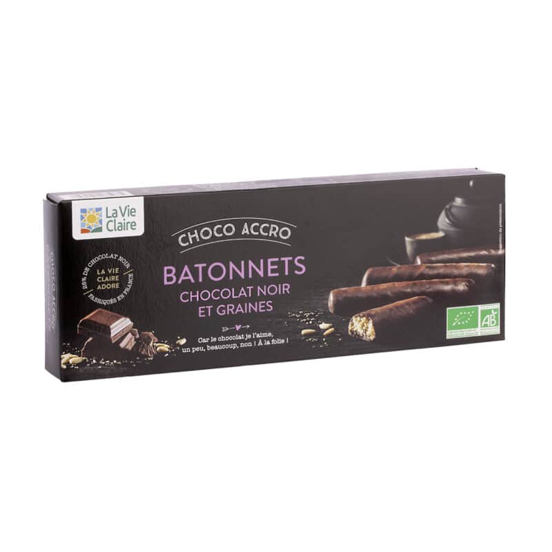 Batônnets aux graines, nappés de chocolat noir bio