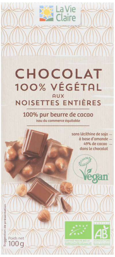 Chocolat végétal aux noisettes entières bio