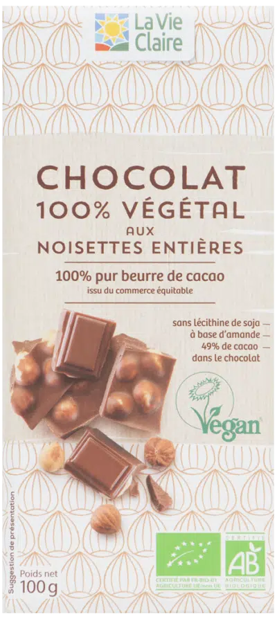 Chocolat végétal aux noisettes entières bio