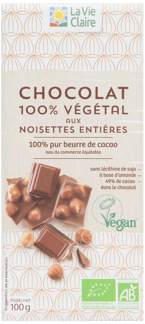Chocolat végétal aux noisettes entières bio