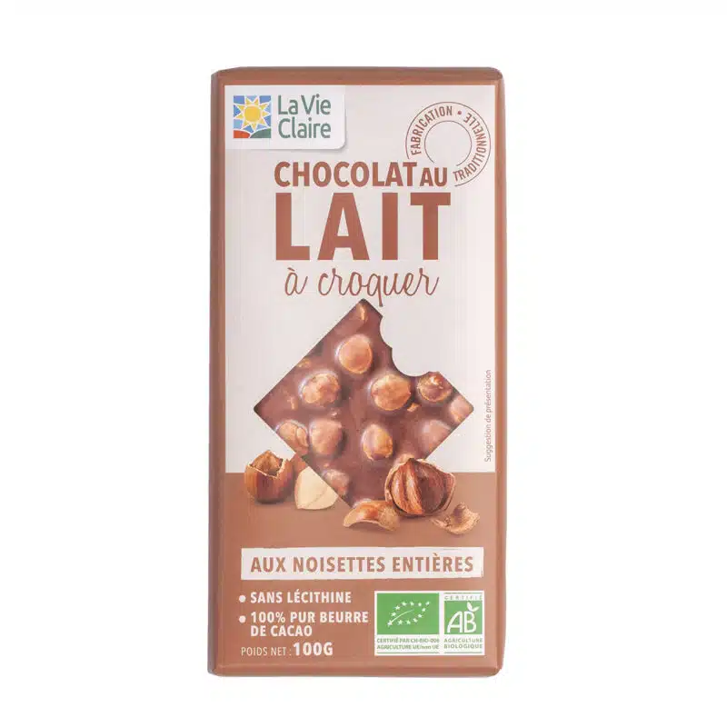 Chocolat au lait aux noisettes entières bio