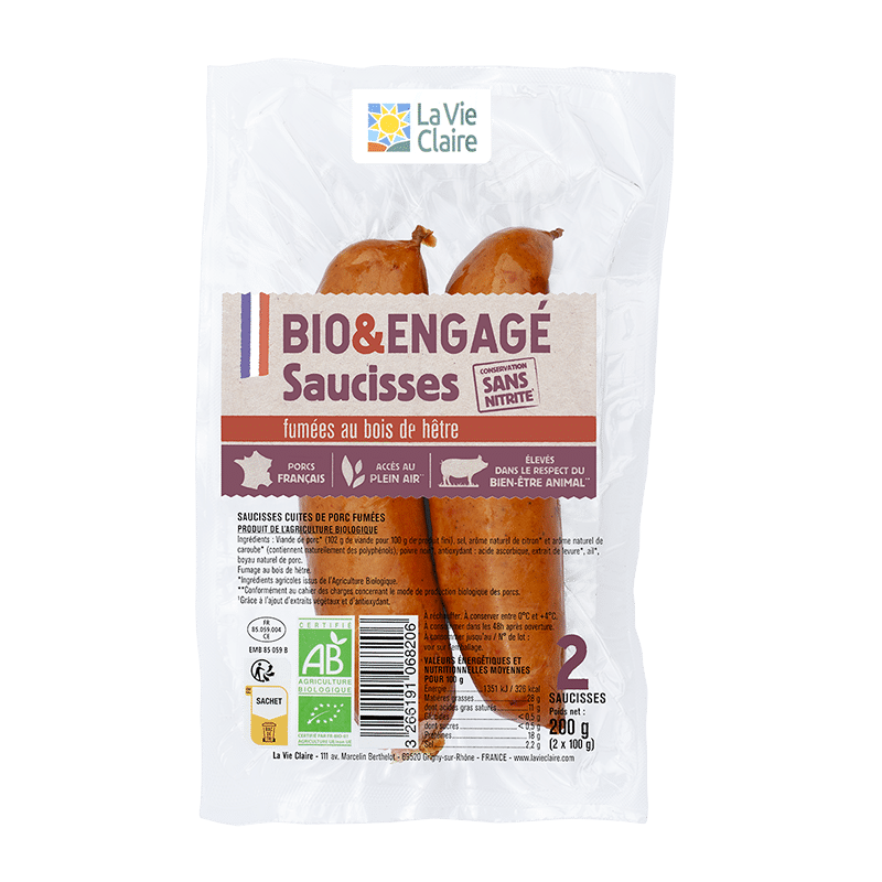 Saucisses fumées au bois de hêtre.Conservation sans nitrite..