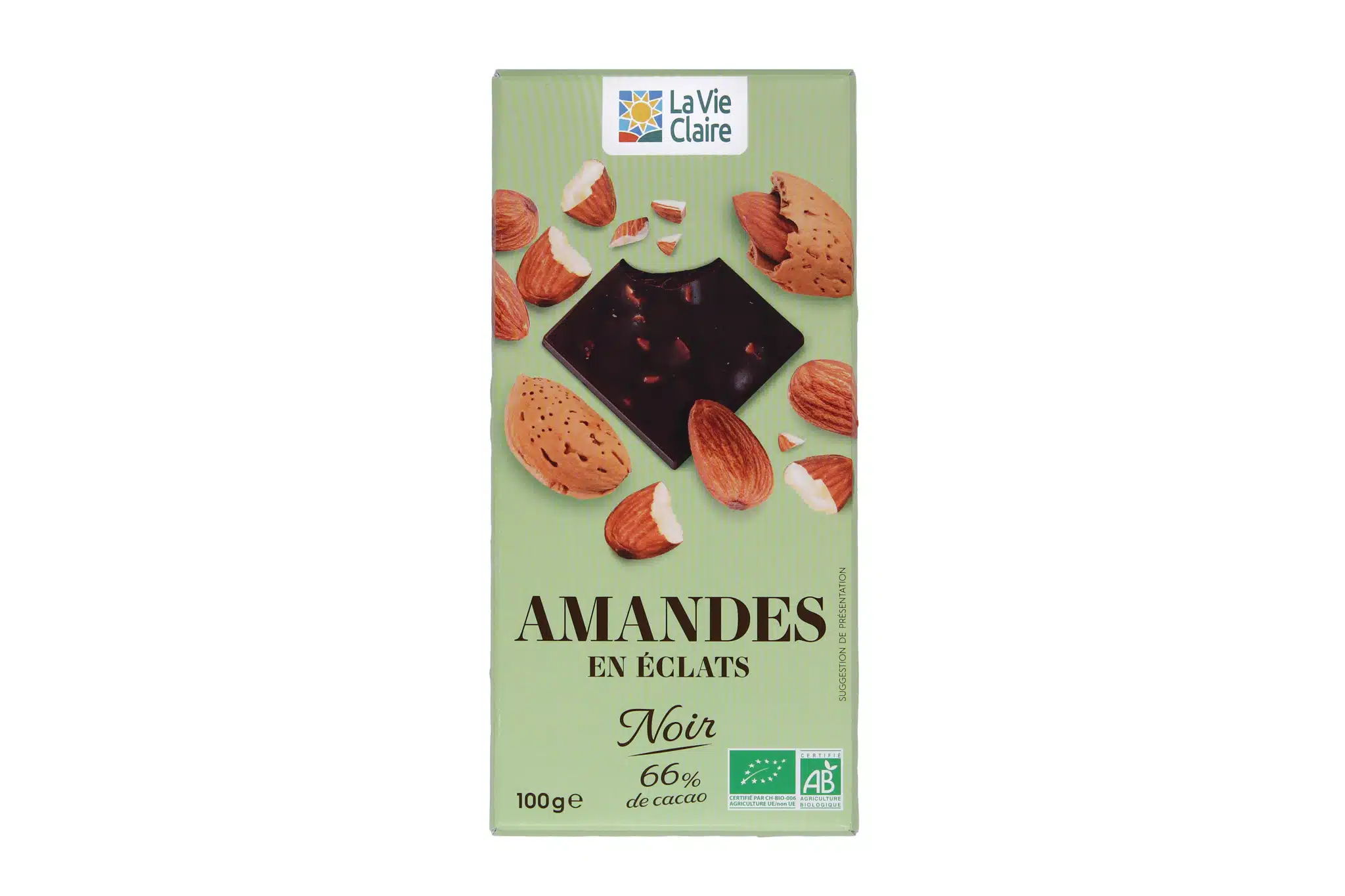 Tablette de chocolat noir aux éclats d'amandes.