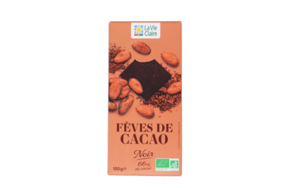 Tablette chocolat noir 66% fèves de cacao bio.