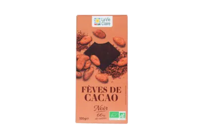 Tablette chocolat noir 66% fèves de cacao bio.