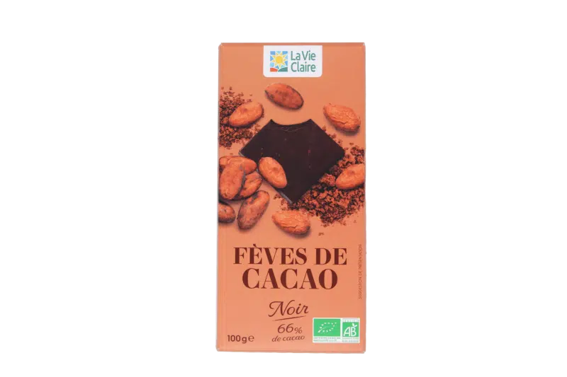 Tablette chocolat noir 66% fèves de cacao bio.