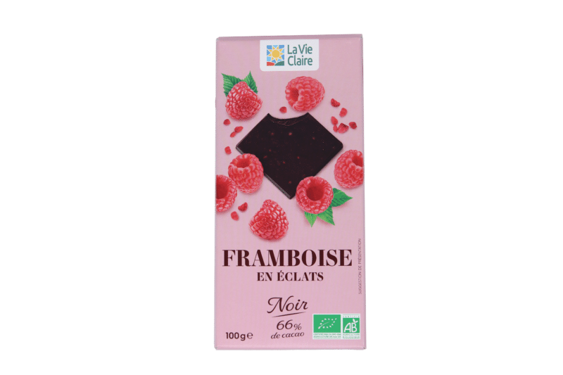 Tablette chocolat noir 66% framboises bio