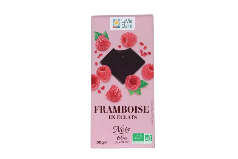 Tablette chocolat noir 66% framboises bio