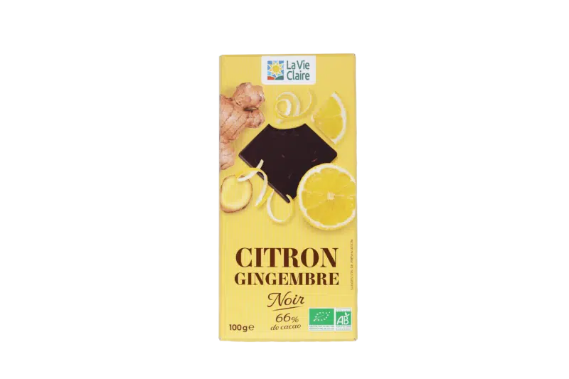 Tablette chocolat noir 66% citron gingembre bio