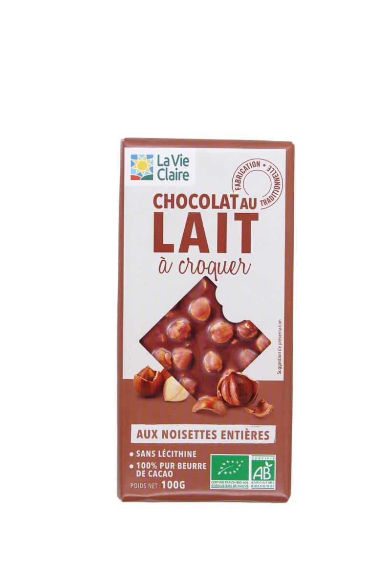 Chocolat au lait aux noisettes entières bio