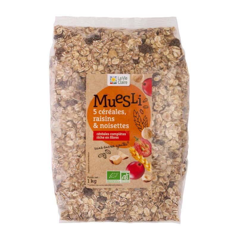 Muesli aux 5 céréales, raisins et noisettes bio