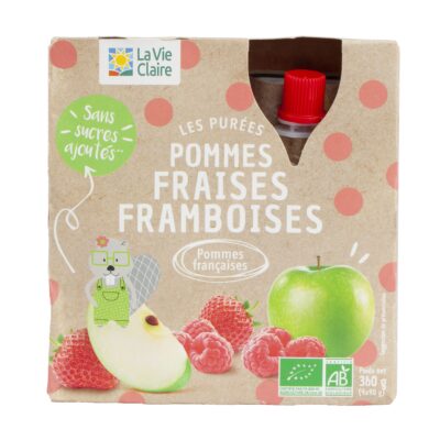 Purée pommes, fraises et framboises bio