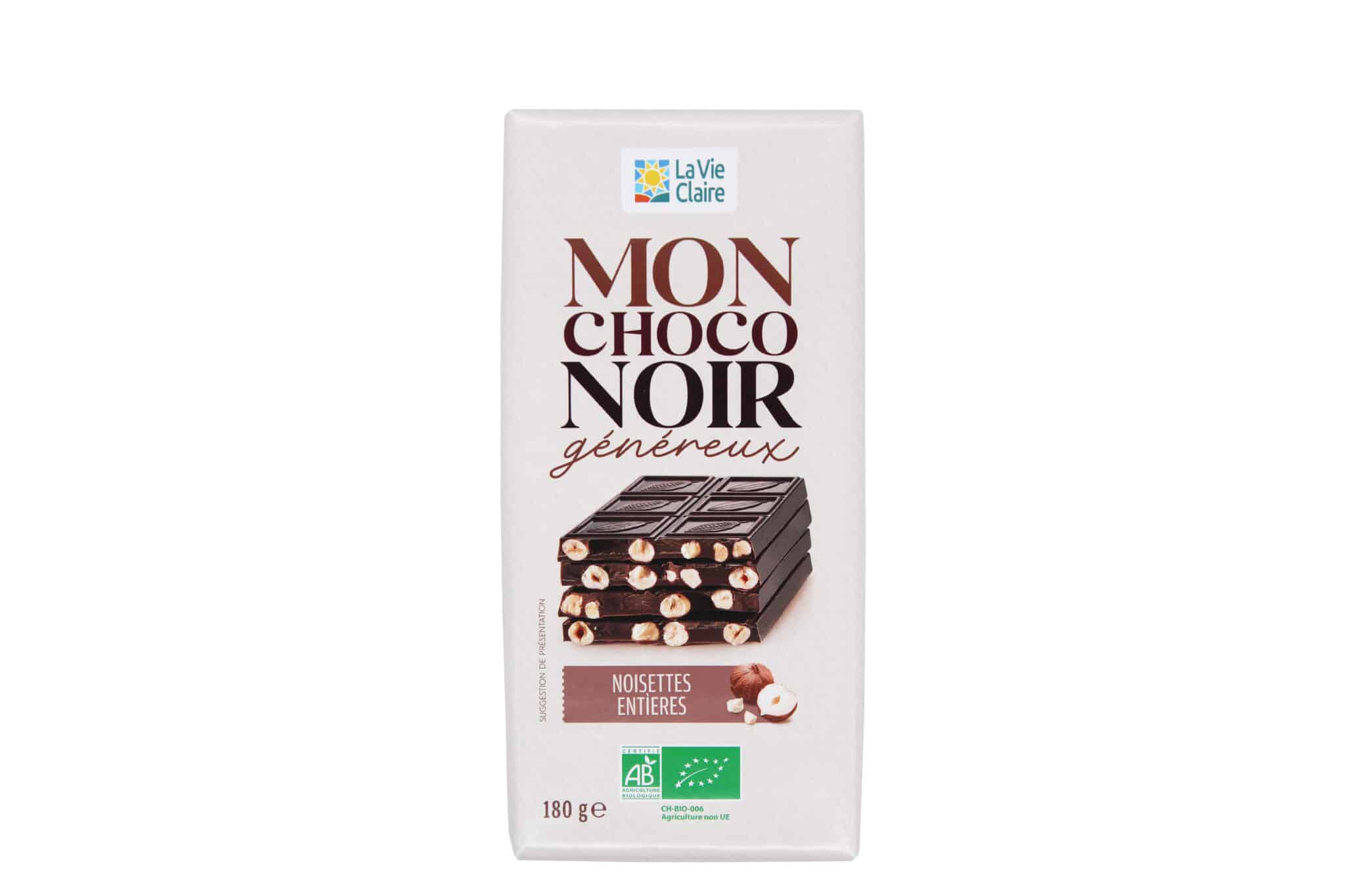 Tablette de chocolat noir aux noisettes entières bio