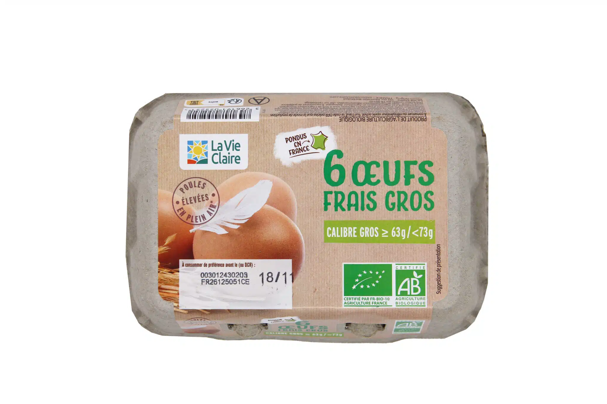 Boîte 6 oeufs calibre 63/73  bio