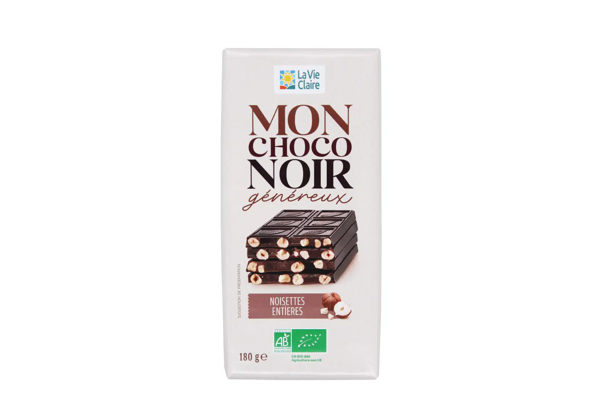 Tablette de chocolat noir aux noisettes entières bio