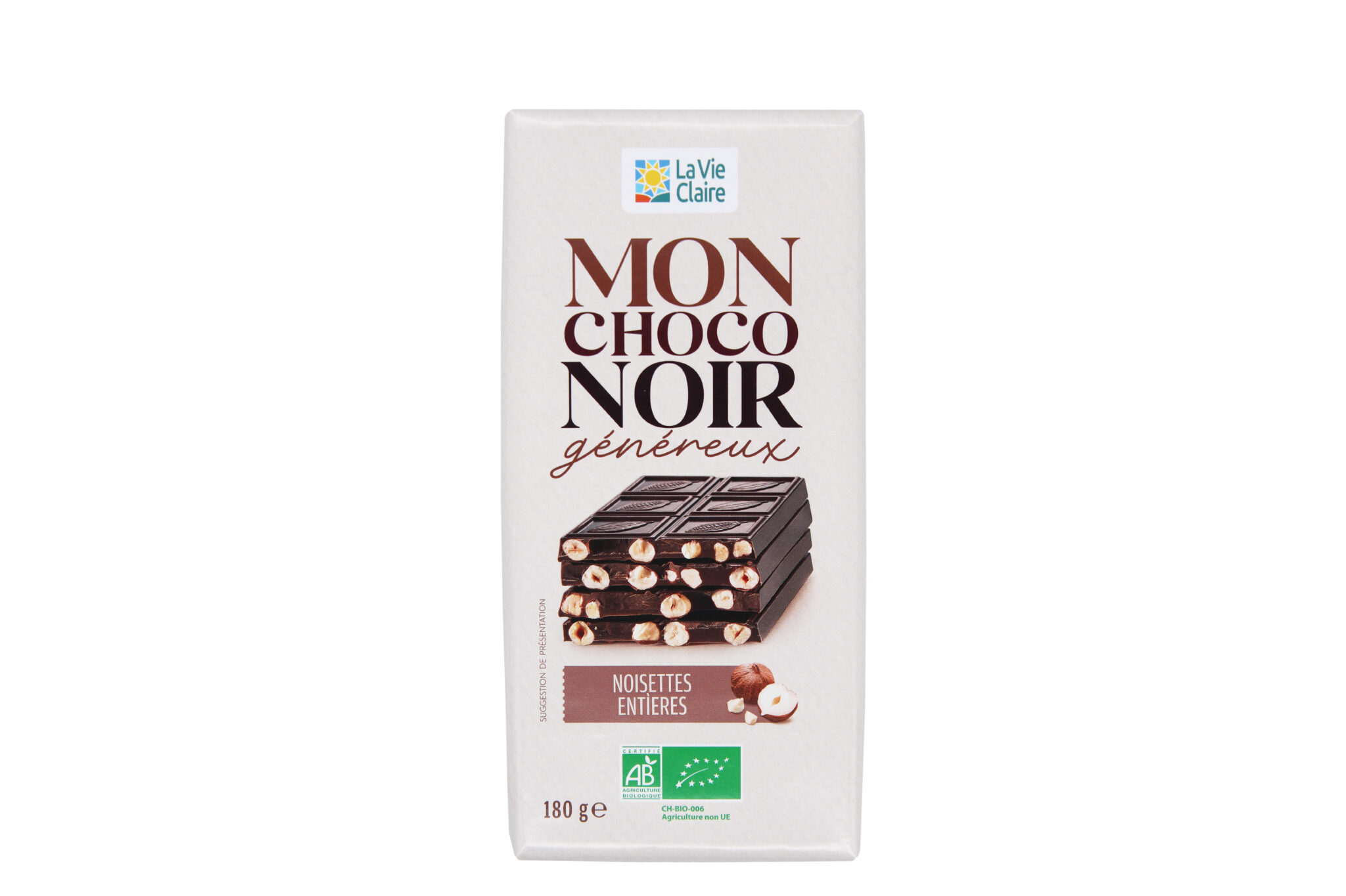 Tablette de chocolat noir aux noisettes entières bio