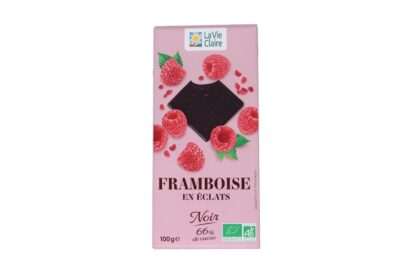 Tablette de chocolat noir aux éclats de framboise bio