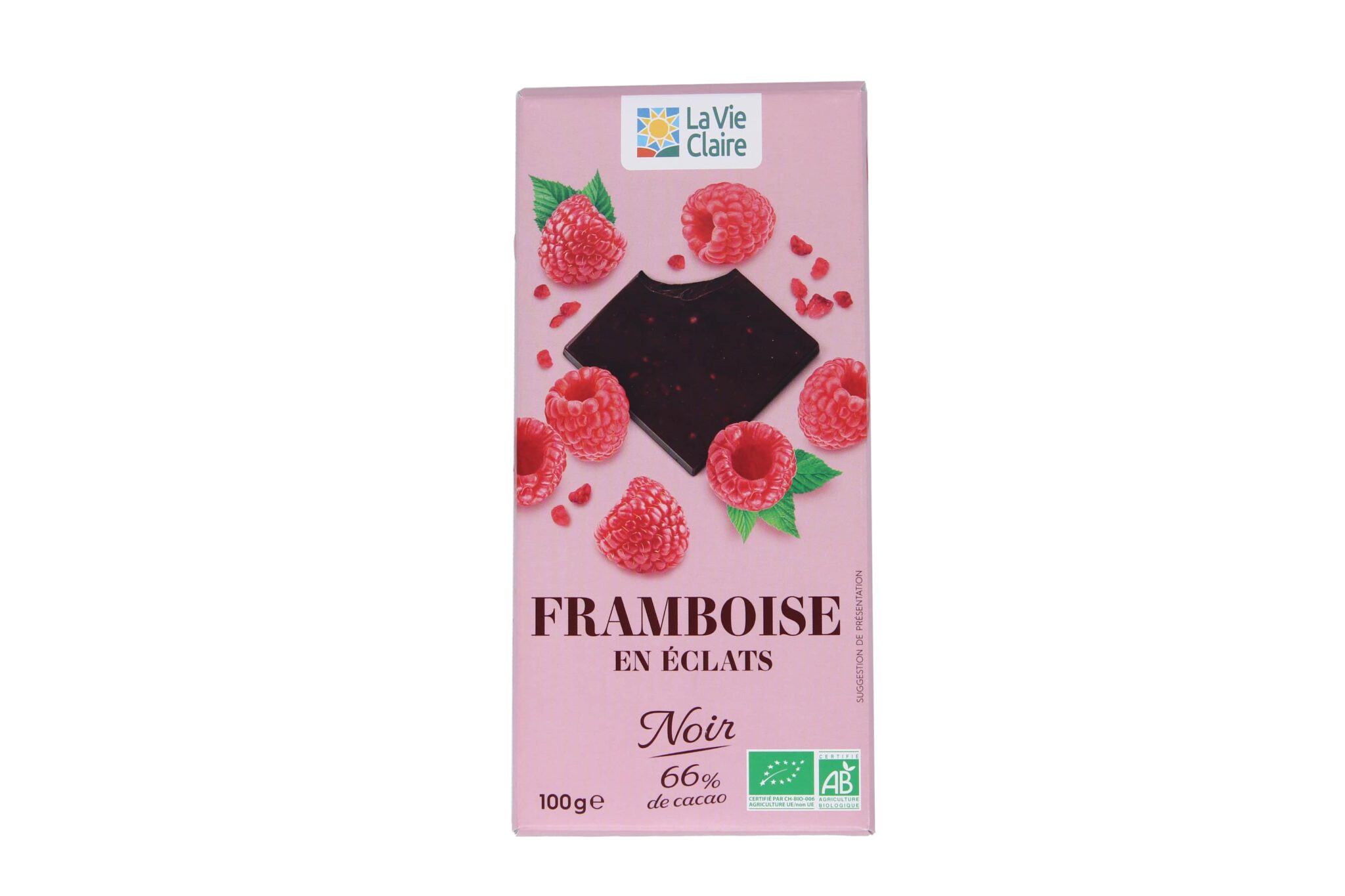 Tablette de chocolat noir aux éclats de framboise bio