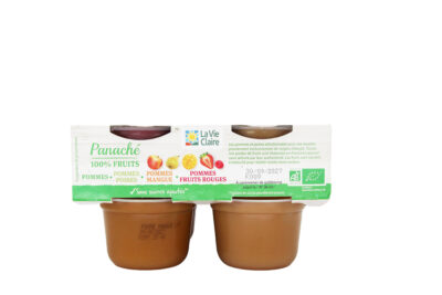 Purée de fruits biologique 4 parfums: pomme, pomme poire, pomme mangue, pomme fruits rouges